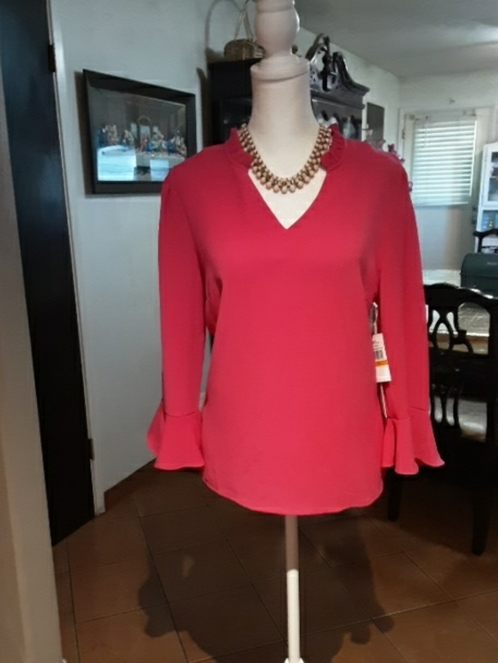 CeCe V-Neck Ruffle Cuff Blouse - Raspberry